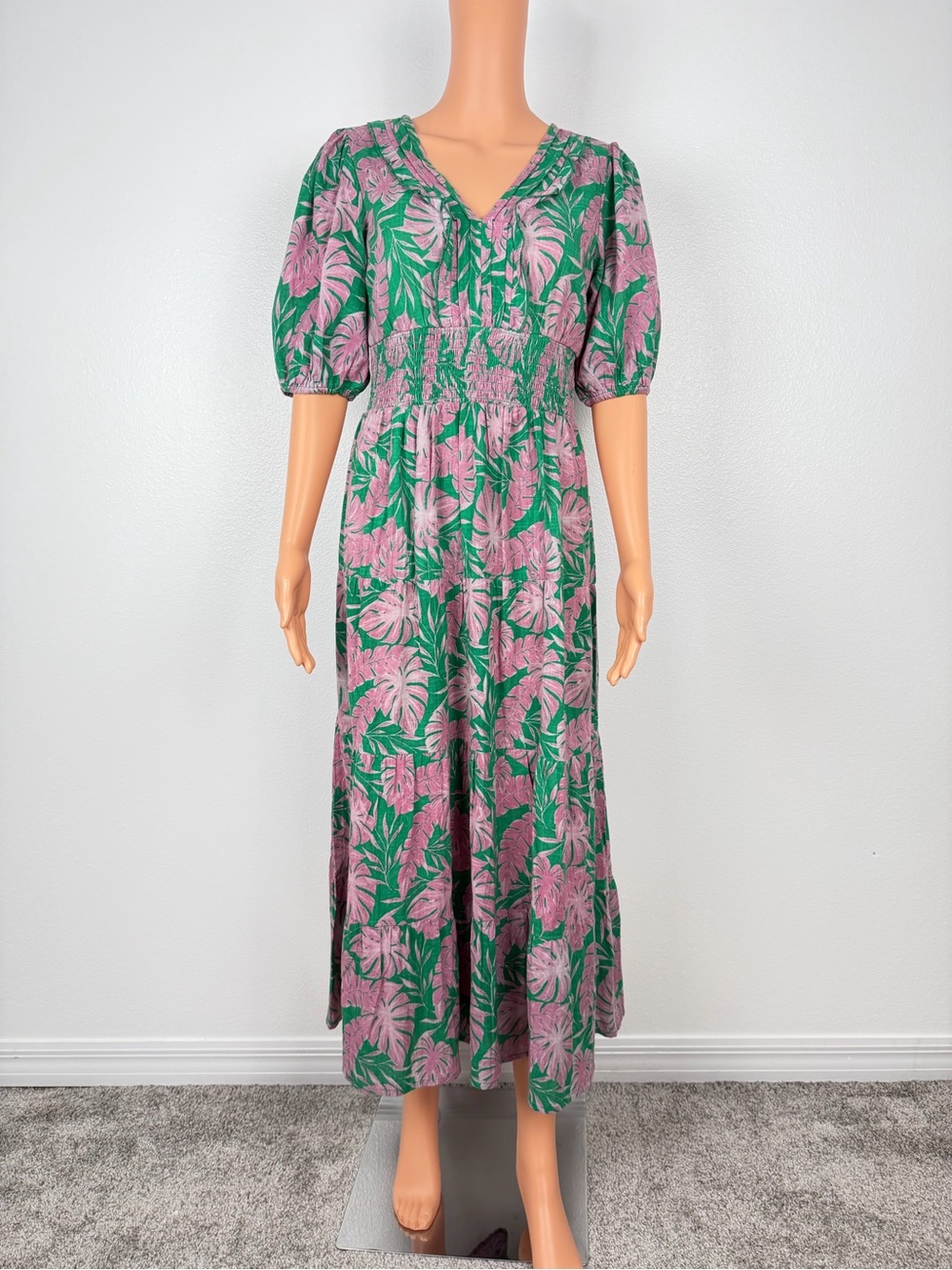 J Gee Tropical Palm Leaf Print Maxi Dress - Boho Smocked Waist Tiered